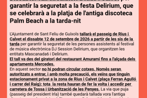Tall circulatori a Rius i Calvet per garantir la seguretat a la festa Delirium, que se celebrarà a la platja de l'antiga discoteca Palm Beach dissabte a la nit